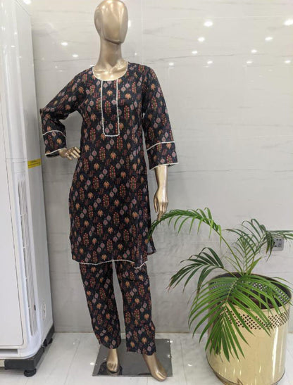 Printed Viscose Stitched Suit 2PCs (Black)