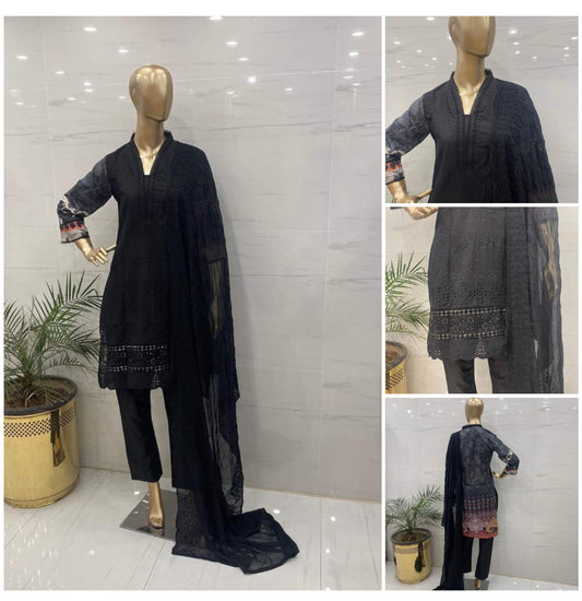 Black ChickenKari Embroidered 3Pcs Suits - (CKB302)