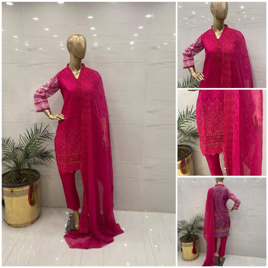 Pink ChickenKari Embroidered 3Pcs Suits - (CKP304)