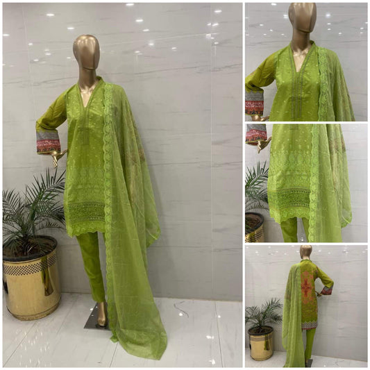 Green ChickenKari Embroidered 3Pcs Suits - (CKG306)