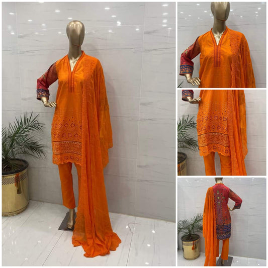 Orange ChickenKari Embroidered 3Pcs Suits - (CKO307)