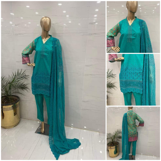 LightGreen ChickenKari Embroidered 3Pcs Suits - (CKlG312)