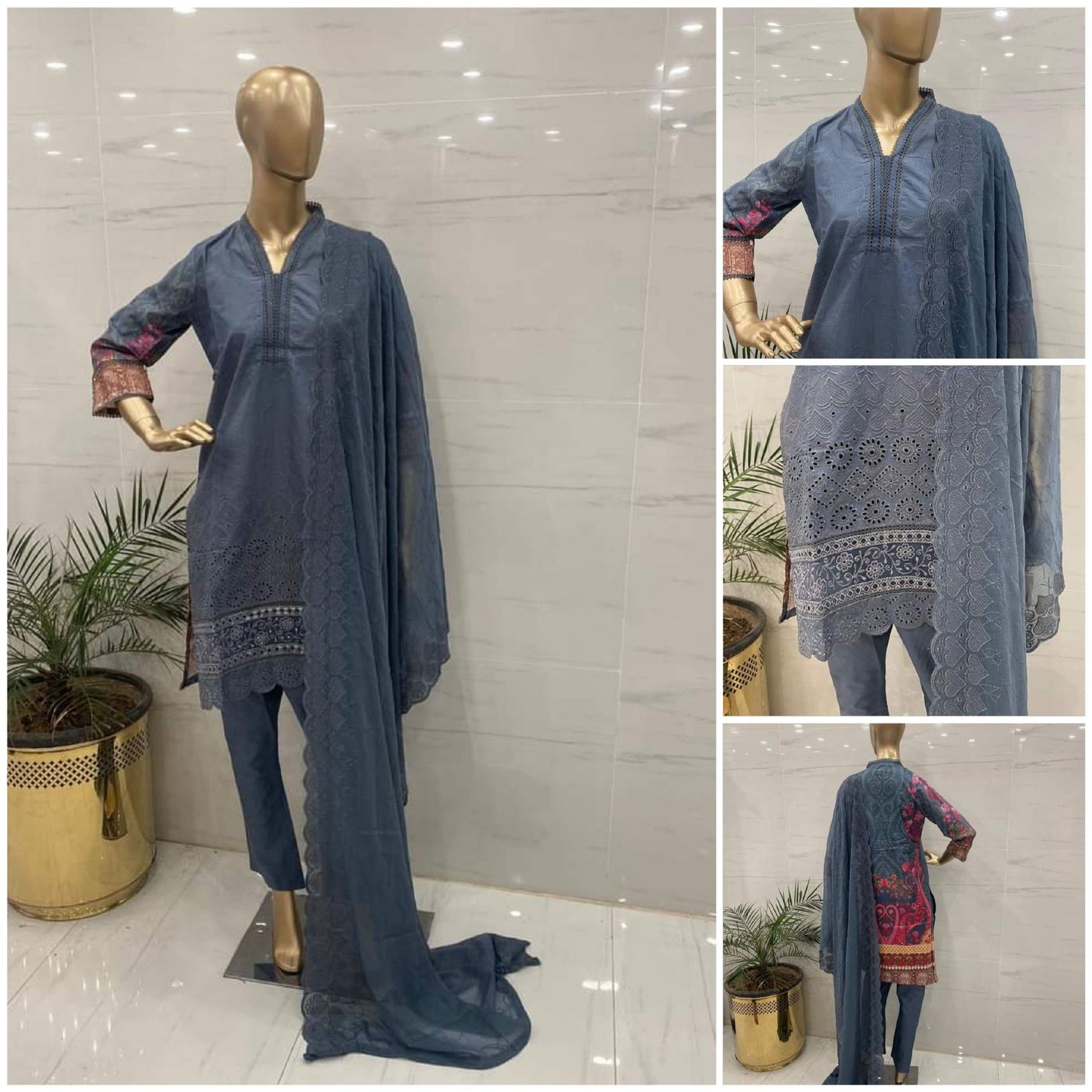 Grey ChickenKari Embroidered 3Pcs Suits - (CKG313)