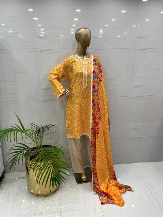 Yellow Printed Airjet Lawn Suit 3PCs - (ALY037)