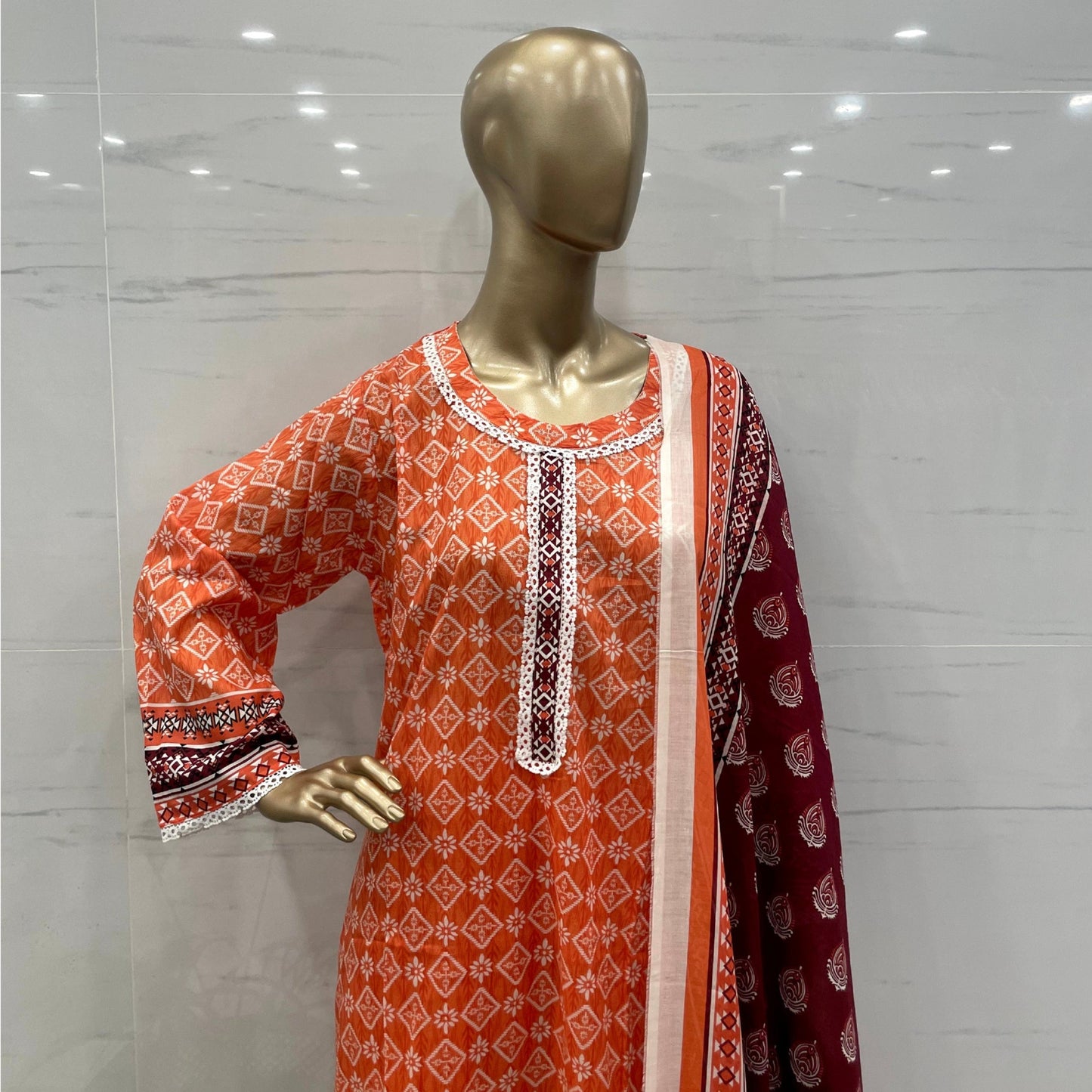 Orange Printed Airjet Lawn Suit 3PCs - (ALO035)