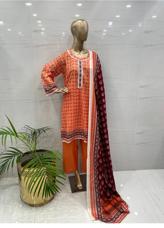 Orange Printed Airjet Lawn Suit 3PCs - (ALO035)