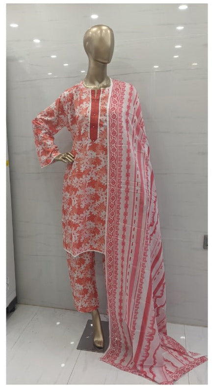 Stitched Premium Pink Printed Lawn 3Pcs Suit – (FLP302)