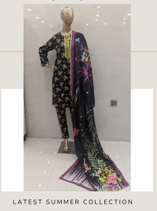 Stitched  Premium Black Printed Lawn 3Pcs Suit – (FLB301)