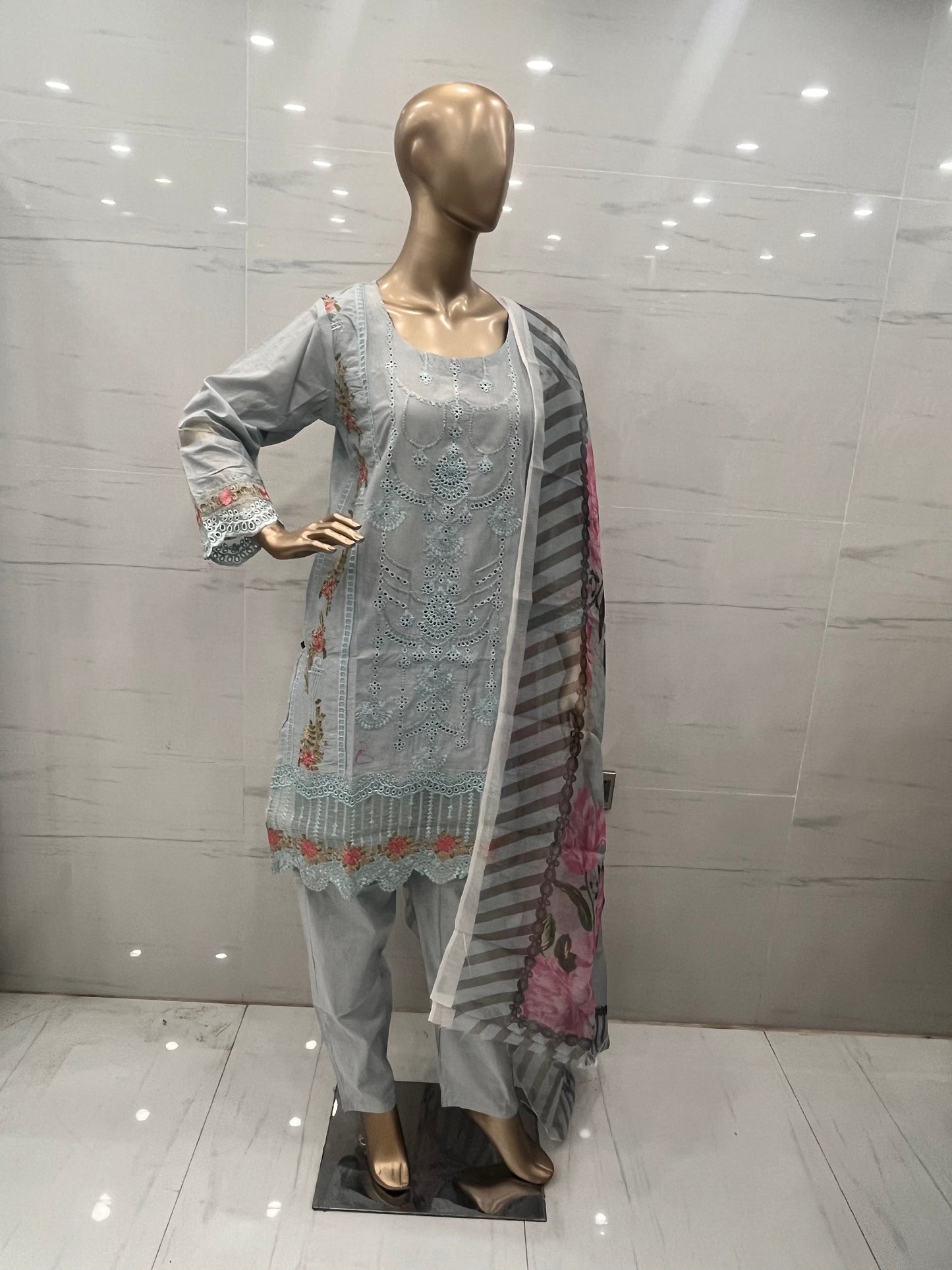 Grey 3 PCs CHIKANKARI LAWN SUIT - (CKG038)