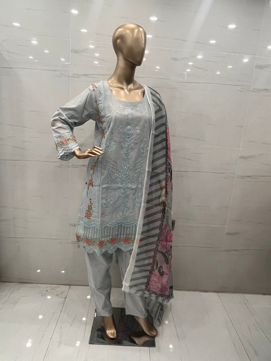 Grey 3 PCs CHIKANKARI LAWN SUIT - (CKG038)