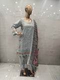 Grey 3 PCs CHIKANKARI LAWN SUIT - (CKG038)