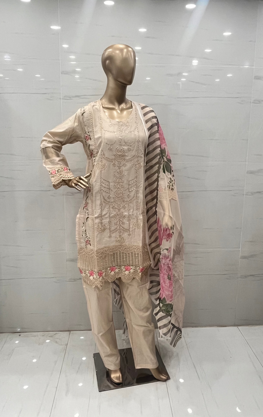 Beige 3 PCs CHIKANKARI LAWN SUIT - (CKB037)