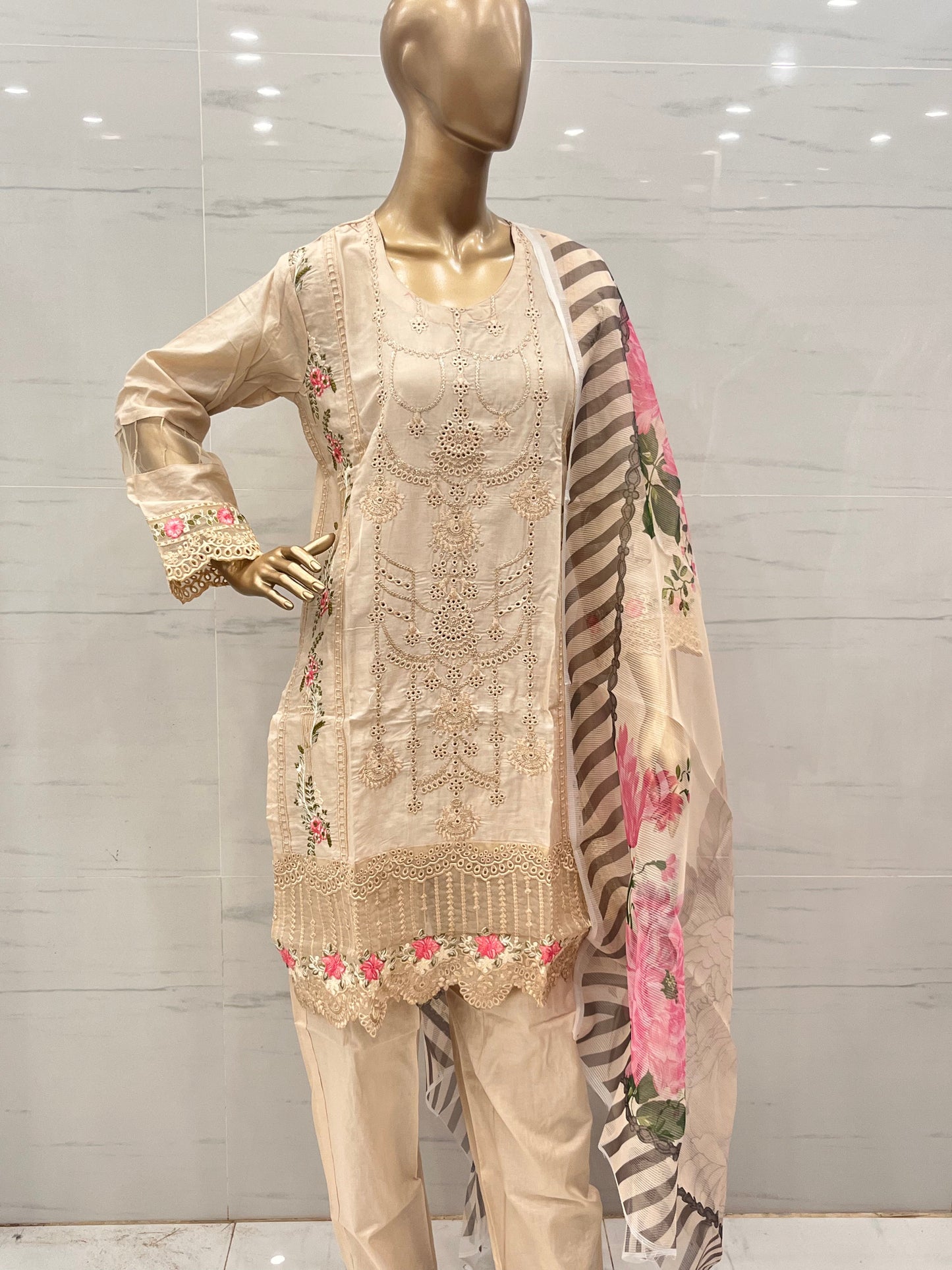 Beige 3 PCs CHIKANKARI LAWN SUIT - (CKB037)