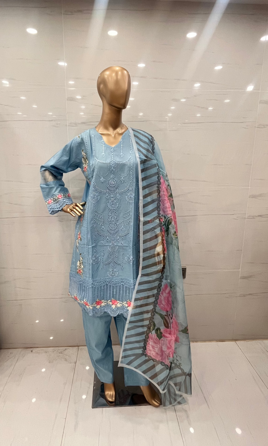 Light Blue -3 PCs CHIKANKARI LAWN SUIT  (CKLB031)