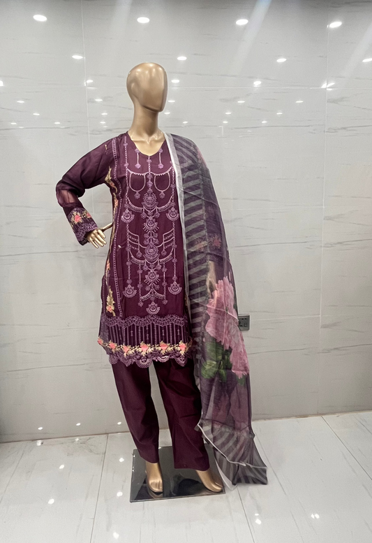 Purple 3 PCs CHIKANKARI LAWN SUIT - (CKP035)