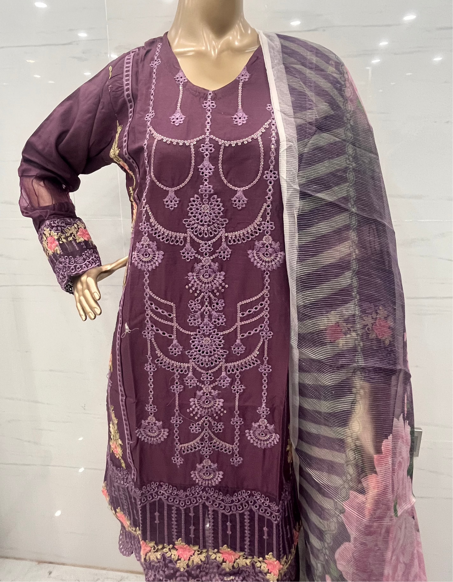 Purple 3 PCs CHIKANKARI LAWN SUIT - (CKP035)