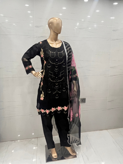 Black 3 PCs CHIKANKARI LAWN SUIT - (CKB033)