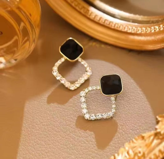 Diamond Halo & Onyx Square Earrings